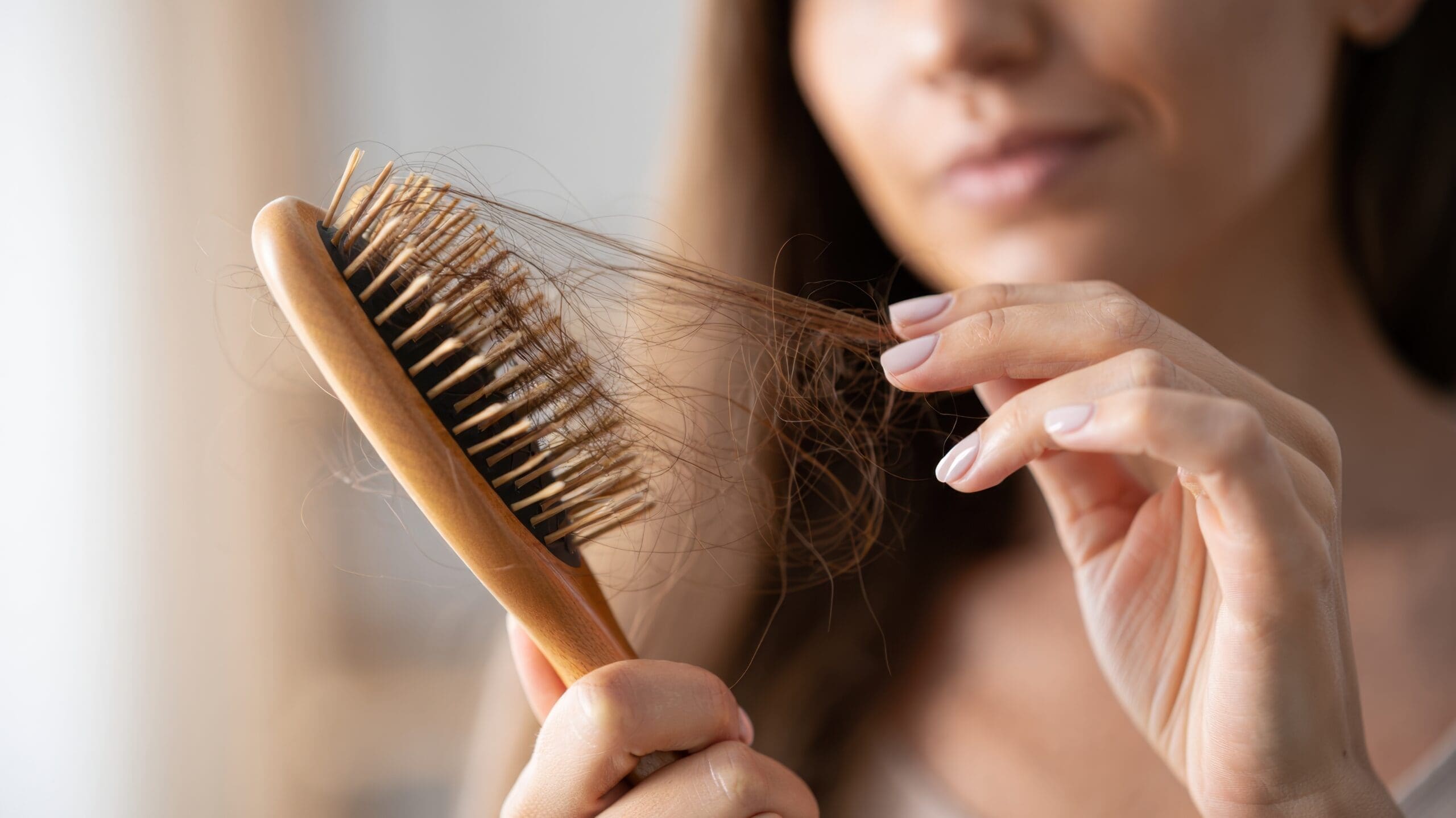 Seattle Hair Loss Clinic image of a woman examining shed hair collected on wooden brush, early signs of increased hair fall, monitoring strand breakage, trichology concern background, awareness of scalp health structural hair weakening