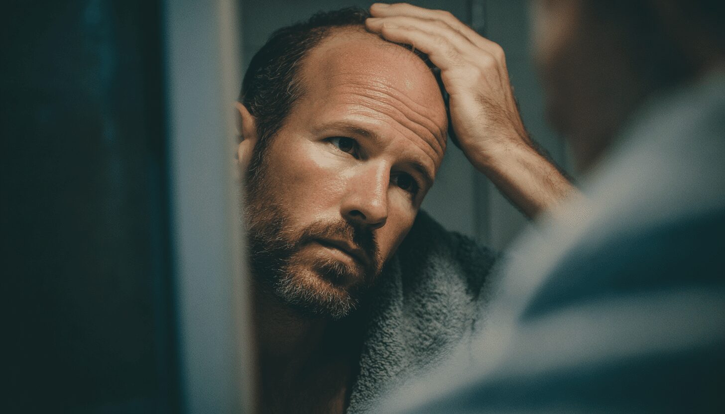man examining his receding hairline